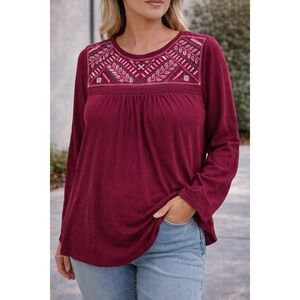 Sacred Threads Womens Burgundy Embroidered Lace Back Ribbed Top OS 222111 NWT